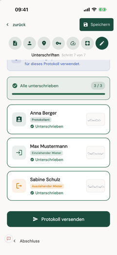 Unterschriften – Protokollant, einziehender und ausziehender Mieter