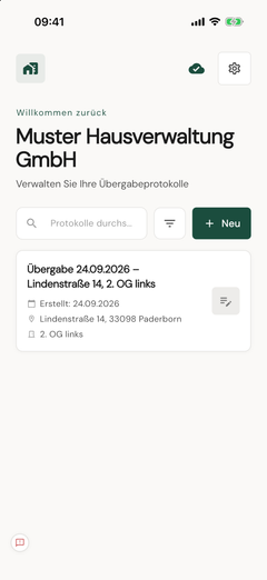 ImmoNote Startseite – Übersicht aller Übergabeprotokolle