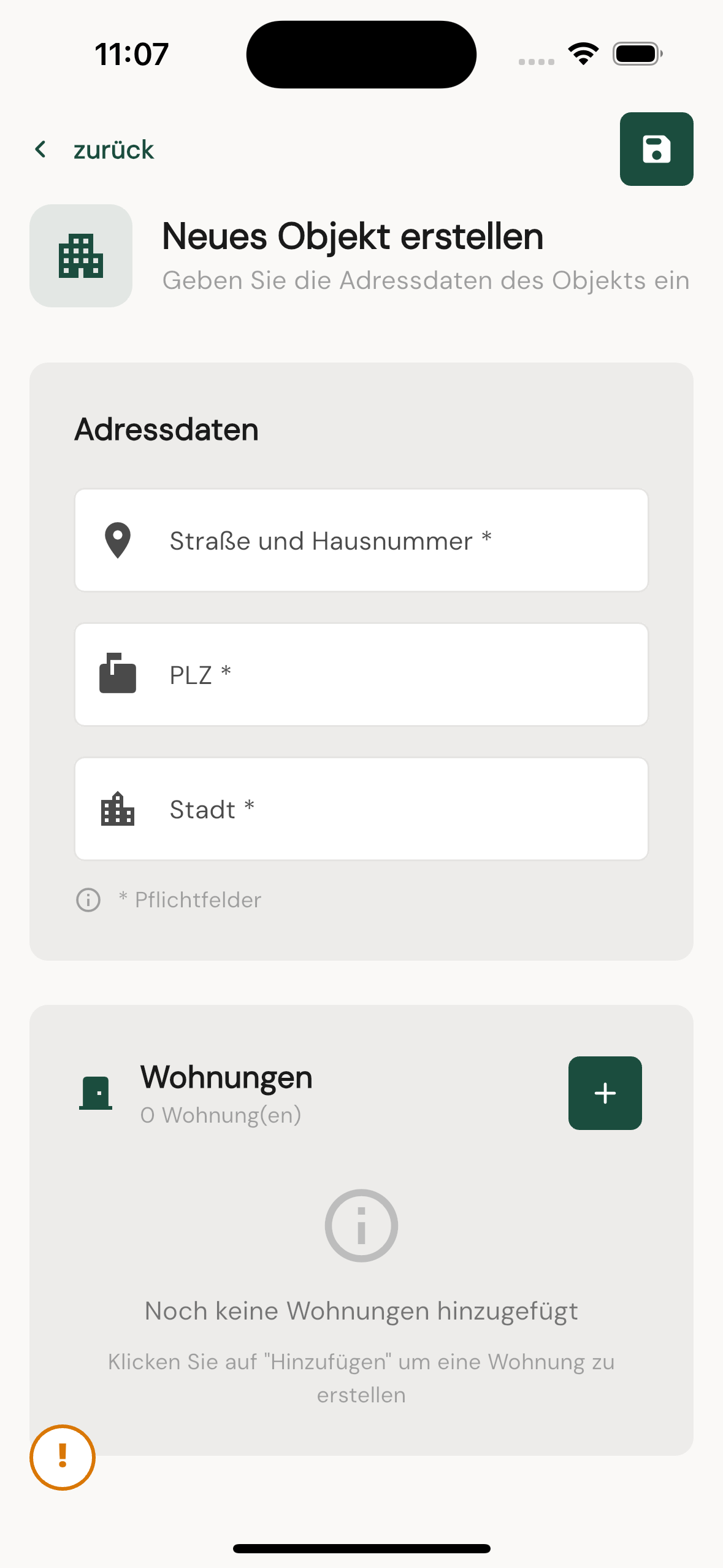 Neues Objekt erstellen mit Adressdaten und Wohnungen