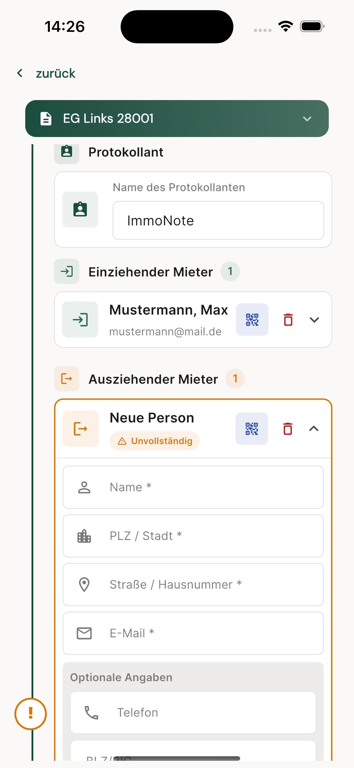 Protokoll bearbeiten – Mieter und Protokollant verwalten