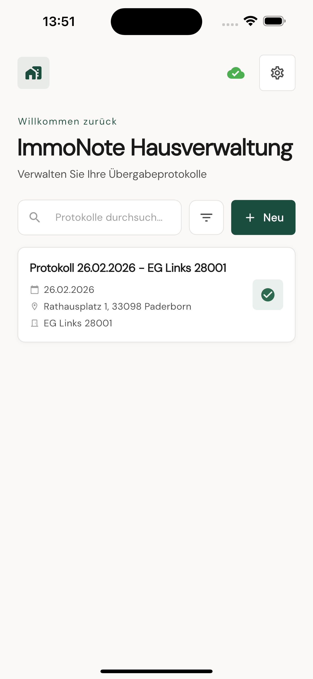 ImmoNote Startseite – Übersicht aller Übergabeprotokolle